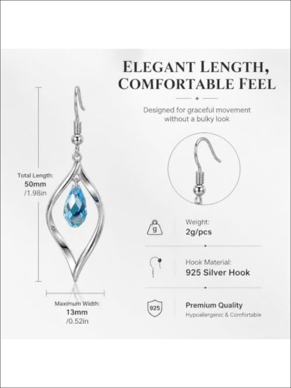 Rhodium Plated 925 Sterling Silver Hook Twist Leaf Dangle Earrings for Women